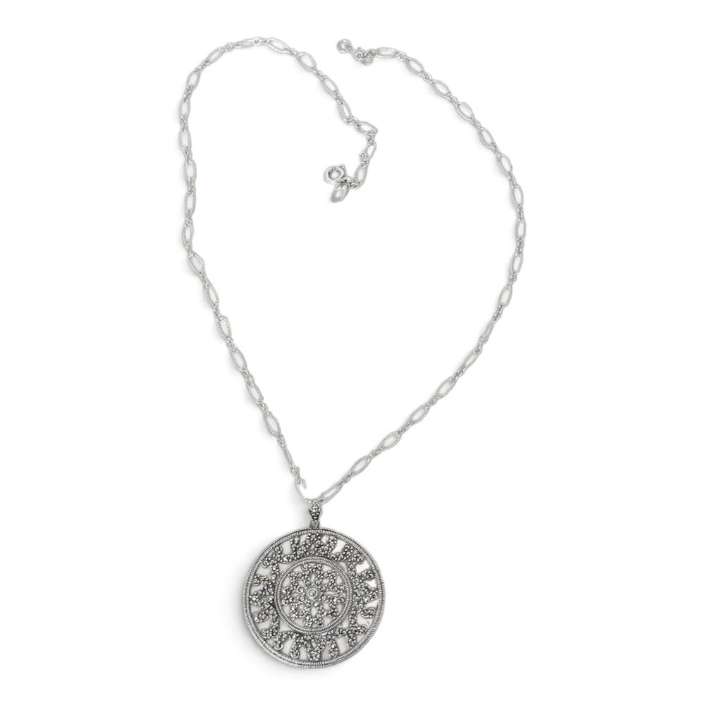 Sterling Silver 925 Filigree Marcasite Medallion Pendant Necklace Vintage